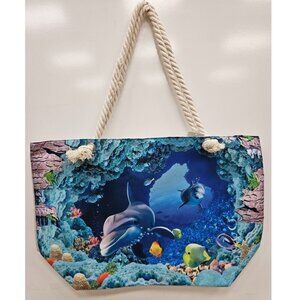Beach Bag, Dolphin Print, Nautical Rope Handles, Large